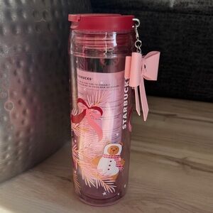 NWT Starbucks 2025 Holiday Winter Pink Christmas Bottle with Ribbon Dangle Charm